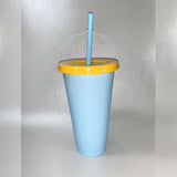 Color Changing Plastic Cup Blank - Blue Cup/School Bus Yellow Lid/Blue Straw