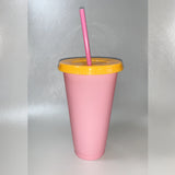 Color Changing Plastic Cup Blank - Pink Cup/School Bus Yellow Lid/Pink Straw